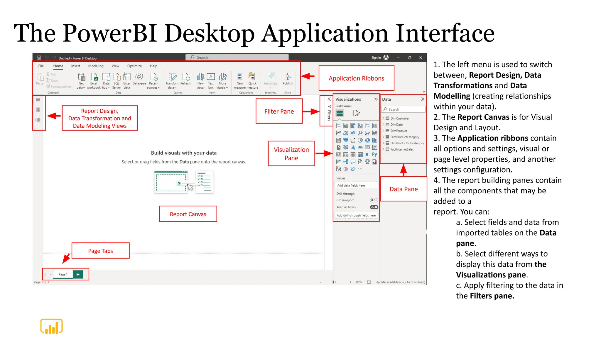 The PowerBI Desktop Application Interface
1. The left menu is used to switch
between, Report Design, Data
Transformations and Data
Modelling (creating relationships
within your data).
2. The Report Canvas is for Visual
Design and Layout.
3. The Application ribbons contain
all options and settings, visual or
page level properties, and another
settings configuration.
4. The report building panes contain
all the components that may be
added to a
report. You can:
a. Select fields and data from
imported tables on the Data
pane.
b. Select different ways to
display this data from the
Visualizations pane.
c. Apply filtering to the data in
the Filters pane.
Report Design,
Data Transformation and
Data Modeling Views
Report Canvas
Application Ribbons
Data Pane
Visualization
Pane
Page Tabs
Filter Pane
 