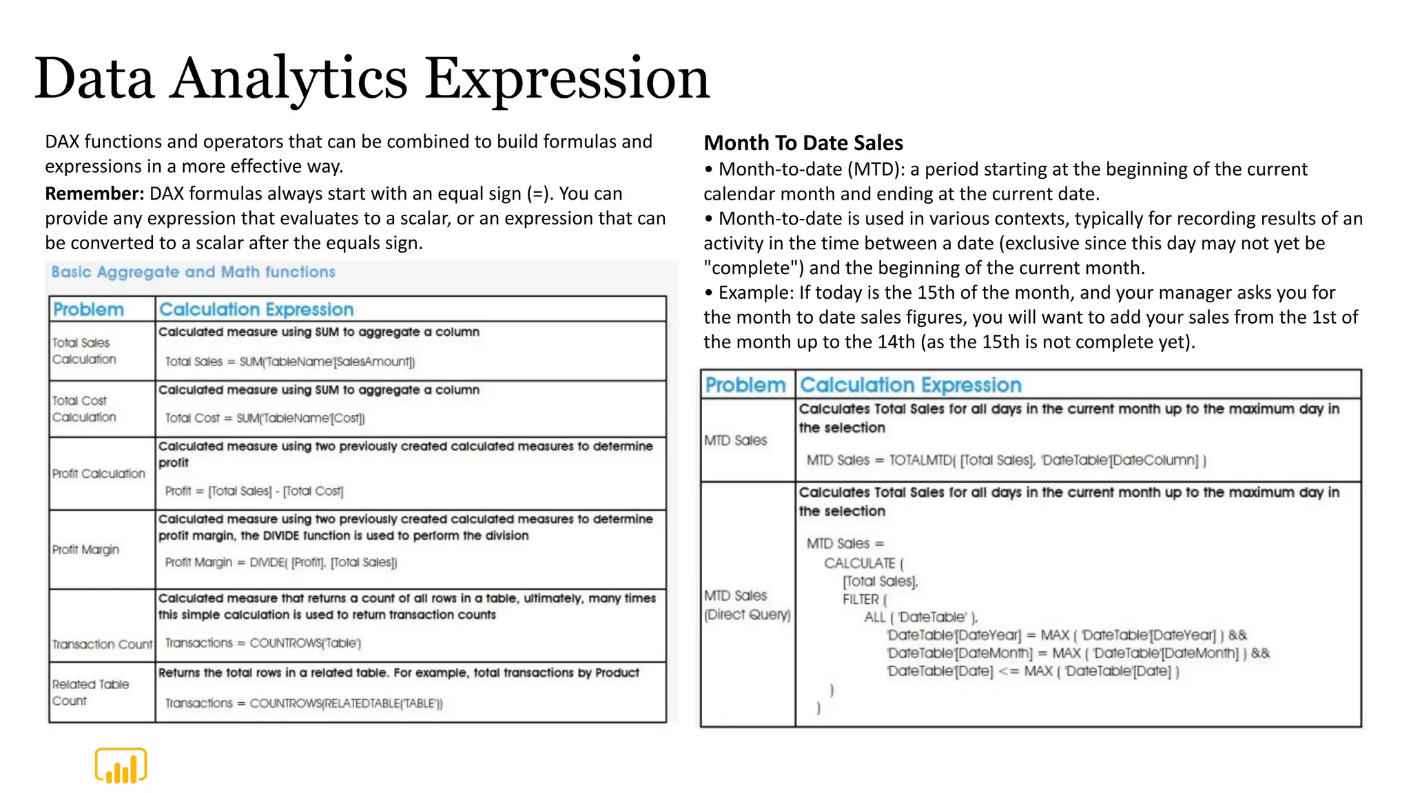 Data Analytics Expression
DAX functions and operators that can be combined to build formulas and
expressions in a more effective way.
Remember: DAX formulas always start with an equal sign (=). You can
provide any expression that evaluates to a scalar, or an expression that can
be converted to a scalar after the equals sign.
Month To Date Sales
• Month-to-date (MTD): a period starting at the beginning of the current
calendar month and ending at the current date.
• Month-to-date is used in various contexts, typically for recording results of an
activity in the time between a date (exclusive since this day may not yet be
"complete") and the beginning of the current month.
• Example: If today is the 15th of the month, and your manager asks you for
the month to date sales figures, you will want to add your sales from the 1st of
the month up to the 14th (as the 15th is not complete yet).
 