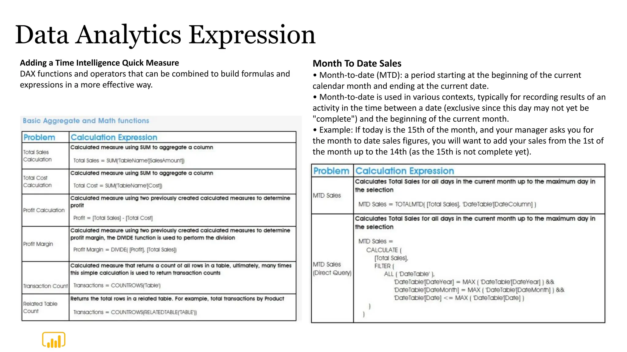 Data Analytics Expression
Adding a Time Intelligence Quick Measure
DAX functions and operators that can be combined to build formulas and
expressions in a more effective way.
Month To Date Sales
• Month-to-date (MTD): a period starting at the beginning of the current
calendar month and ending at the current date.
• Month-to-date is used in various contexts, typically for recording results of an
activity in the time between a date (exclusive since this day may not yet be
"complete") and the beginning of the current month.
• Example: If today is the 15th of the month, and your manager asks you for
the month to date sales figures, you will want to add your sales from the 1st of
the month up to the 14th (as the 15th is not complete yet).
 
