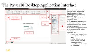 The PowerBI Desktop Application Interface
1. The left menu is used to switch
between, Report Design, Data
Transformations and Data
Modelling (creating relationships
within your data).
2. The Report Canvas is for Visual
Design and Layout.
3. The Application ribbons contain
all options and settings, visual or
page level properties, and another
settings configuration.
4. The report building panes contain
all the components that may be
added to a
report. You can:
a. Select fields and data from
imported tables on the Data
pane.
b. Select different ways to
display this data from the
Visualizations pane.
c. Apply filtering to the data in
the Filters pane.
Report Design,
Data Transformation and
Data Modeling Views
Report Canvas
Application Ribbons
Data Pane
Visualization
Pane
Page Tabs
Filter Pane
 