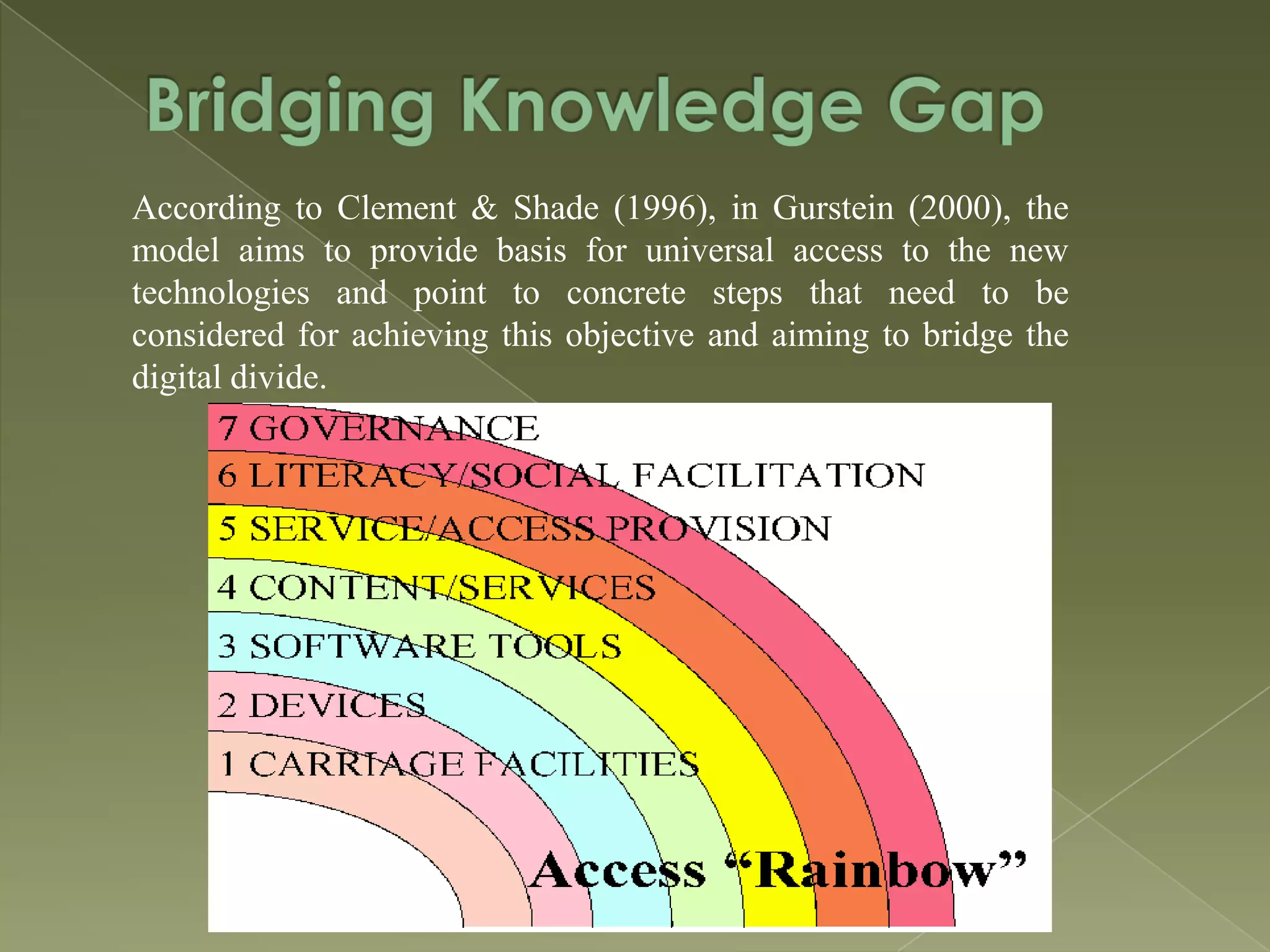 According to Clement & Shade (1996), in Gurstein (2000), the
model aims to provide basis for universal access to the new
technologies and point to concrete steps that need to be
considered for achieving this objective and aiming to bridge the
digital divide.

 