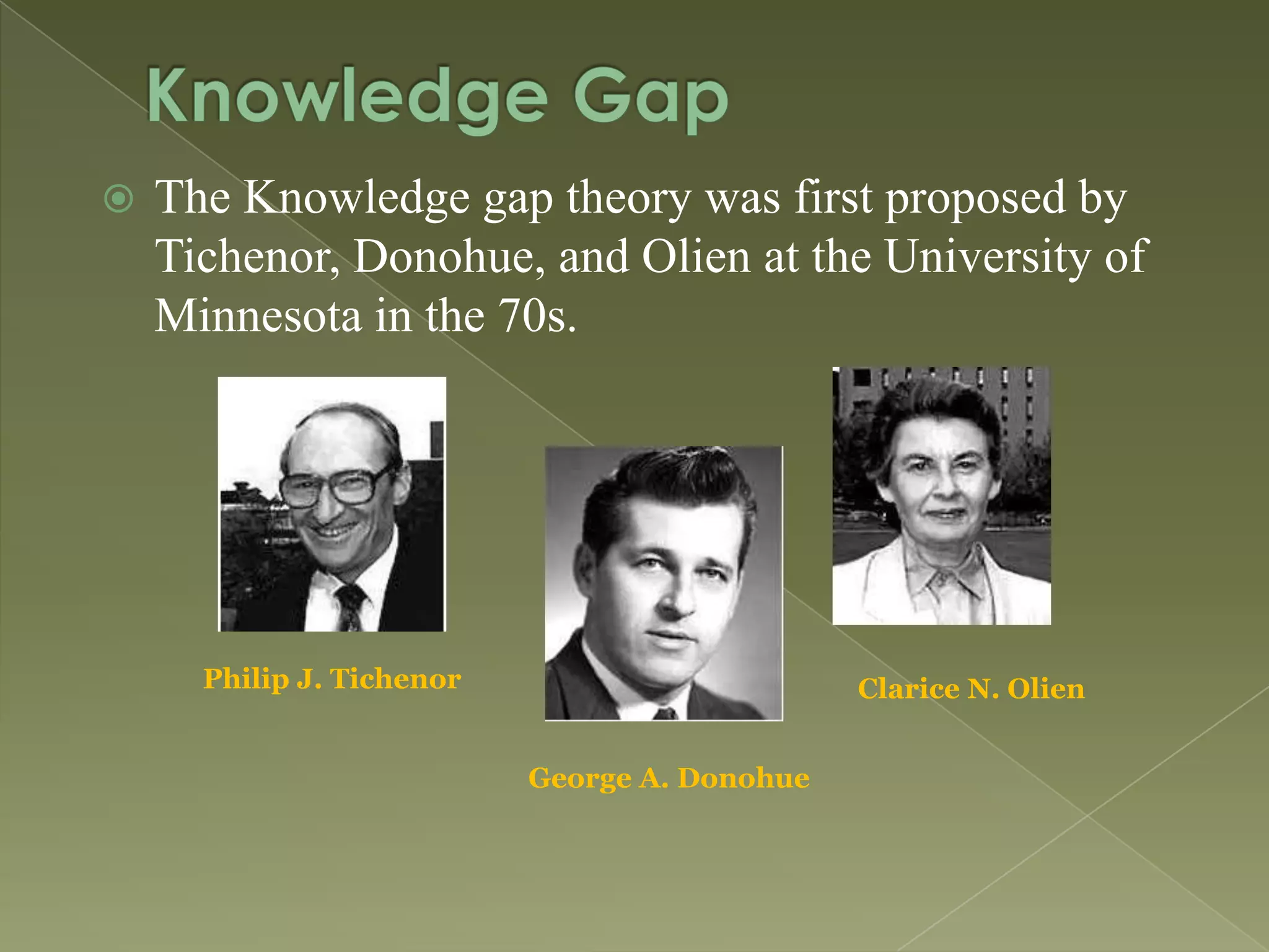 

The Knowledge gap theory was first proposed by
Tichenor, Donohue, and Olien at the University of
Minnesota in the 70s.

Philip J. Tichenor

Clarice N. Olien
George A. Donohue

 