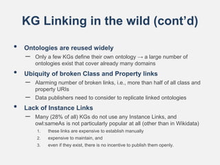 KG Linking in the wild (cont’d)
• Ontologies are reused widely
– Only a few KGs define their own ontology → a large number...