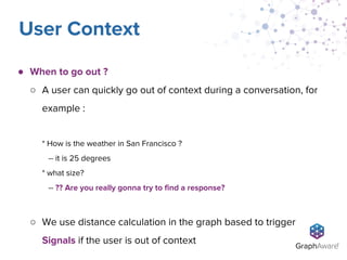 ● When to go out ?
○ A user can quickly go out of context during a conversation, for
example :
* How is the weather in San Francisco ?
-- it is 25 degrees
* what size?
-- ?? Are you really gonna try to find a response?
○ We use distance calculation in the graph based to trigger
Signals if the user is out of context
User Context
 