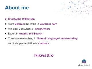 ● Christophe Willemsen
● From Belgium but living in Southern Italy
● Principal Consultant at GraphAware
● Expert in Graphs and Search
● Currently researching in Natural Language Understanding
and its implementation in chatbots
About me
@ikwattro
 