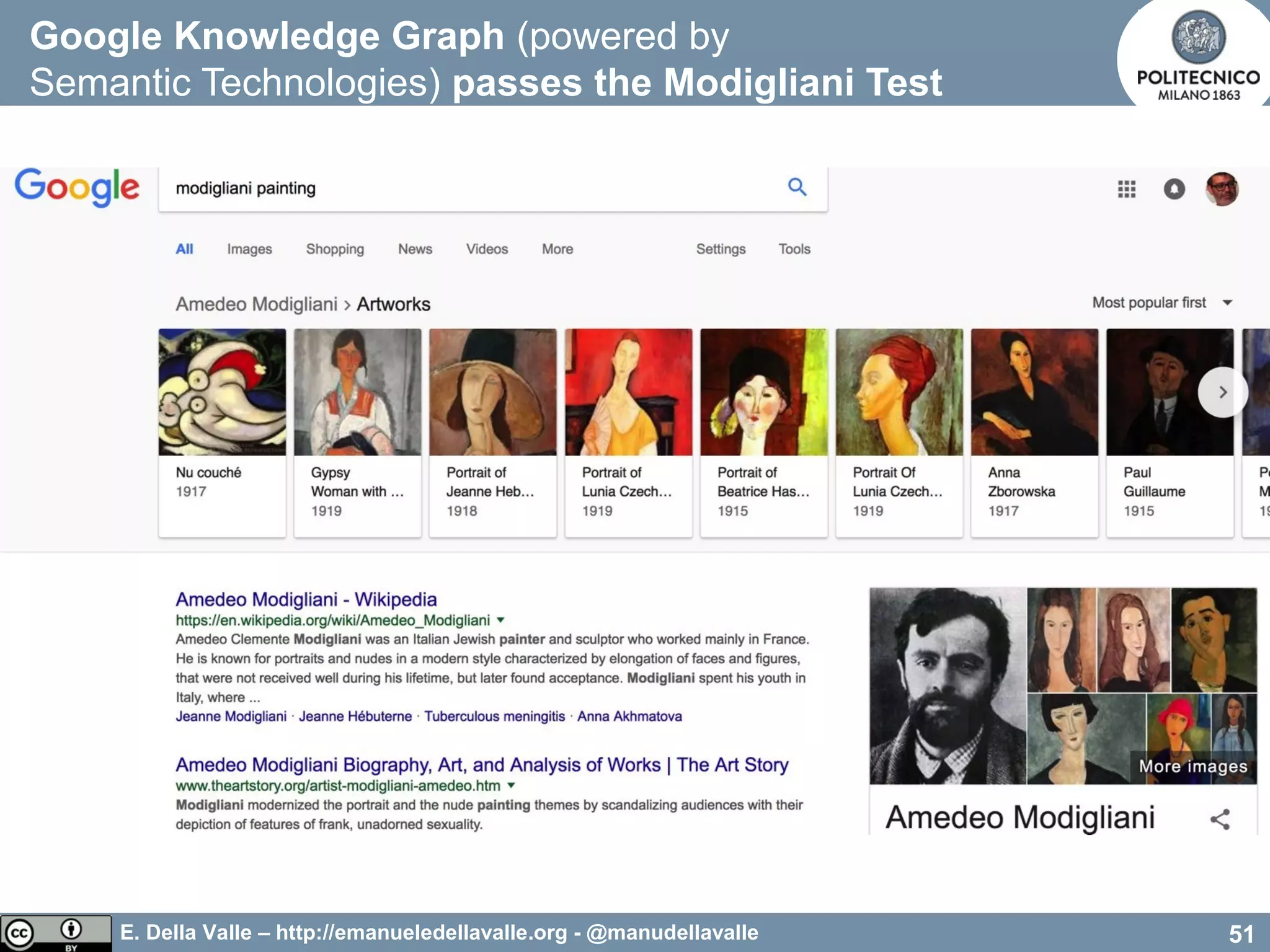 E. Della Valle – http://emanueledellavalle.org - @manudellavalle
Google Knowledge Graph (powered by
Semantic Technologies) passes the Modigliani Test
51
 