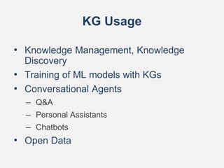 KG Usage
• Knowledge Management, Knowledge
Discovery
• Training of ML models with KGs
• Conversational Agents
– Q&A
– Pers...