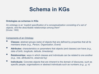 Schema in KGs
Ontologies as schemas in KGs
An ontology is an “explicit specification of a conceptualization consisting of ...