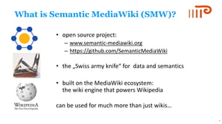 What is Semantic MediaWiki (SMW)?
• open source project:
– www.semantic-mediawiki.org
– https://github.com/SemanticMediaWiki
• the „Swiss army knife“ for data and semantics
• built on the MediaWiki ecosystem:
the wiki engine that powers Wikipedia
can be used for much more than just wikis…
14
 