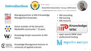 Introduction
Managing partner at KM·A Knowledge
Management Associates
Active member of the Semantic
MediaWiki community ~ 15 years
Knowledge Graph researcher at WU
Vienna
Knowledge Management lecturer at
university of applied sciences
3
3
• KM consulting
• KM training
• KM research
• open-source SMW stack
• professional hosting
 