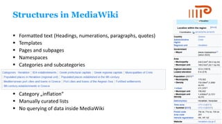 Structures in MediaWiki
▪ Formatted text (Headings, numerations, paragraphs, quotes)
▪ Templates
▪ Pages and subpages
▪ Namespaces
▪ Categories and subcategories
▪ Category „inflation“
▪ Manually curated lists
▪ No querying of data inside MediaWiki
 
