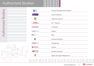 AuthorisedBodies
www.knowledgehut.com 6
Authorised Bodies
Project Management Institute
Scrum Alliance
DAD Consortium
EC - Council
CompTIA
APMG
IIBA
Scaled Academy
Peoplecert
Axelos
DevOps Institute
IASSC (through Peoplecert)
 