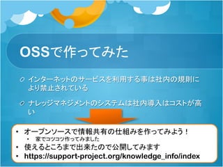 課題解決に向けて
3. ナレッジマネジメントのシステムを導入しても、なかなか
使われない
• 簡単に使えるように工夫しています
• 記事を”頑張って”書かなくても使えるようにしています
 