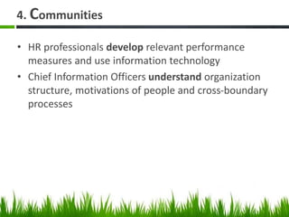 4. Communities
• HR professionals develop relevant performance
measures and use information technology
• Chief Information Officers understand organization
structure, motivations of people and cross-boundary
processes
 