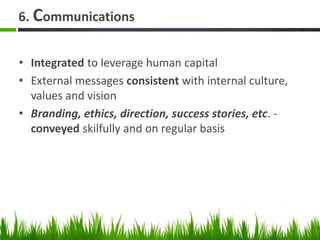 6. Communications
• Integrated to leverage human capital
• External messages consistent with internal culture,
values and vision
• Branding, ethics, direction, success stories, etc. -
conveyed skilfully and on regular basis
 