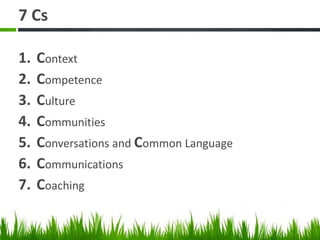 7 Cs
1. Context
2. Competence
3. Culture
4. Communities
5. Conversations and Common Language
6. Communications
7. Coaching
 