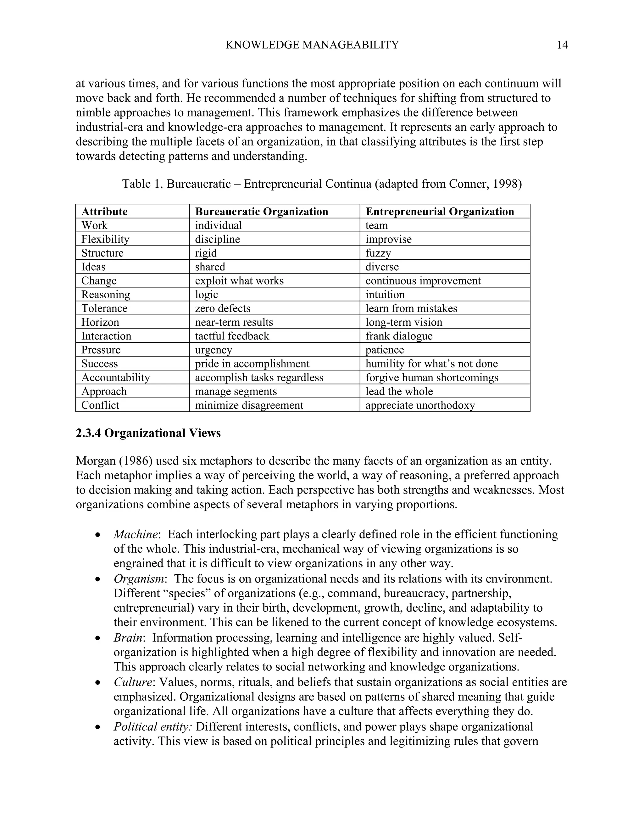KNOWLEDGE MANAGEABILITY

14

at various times, and for various functions the most appropriate position on each continuum will
move back and forth. He recommended a number of techniques for shifting from structured to
nimble approaches to management. This framework emphasizes the difference between
industrial-era and knowledge-era approaches to management. It represents an early approach to
describing the multiple facets of an organization, in that classifying attributes is the first step
towards detecting patterns and understanding.
Table 1. Bureaucratic – Entrepreneurial Continua (adapted from Conner, 1998)
Attribute
Work
Flexibility
Structure
Ideas
Change
Reasoning
Tolerance
Horizon
Interaction
Pressure
Success
Accountability
Approach
Conflict

Bureaucratic Organization
individual
discipline
rigid
shared
exploit what works
logic
zero defects
near-term results
tactful feedback
urgency
pride in accomplishment
accomplish tasks regardless
manage segments
minimize disagreement

Entrepreneurial Organization
team
improvise
fuzzy
diverse
continuous improvement
intuition
learn from mistakes
long-term vision
frank dialogue
patience
humility for what’s not done
forgive human shortcomings
lead the whole
appreciate unorthodoxy

2.3.4 Organizational Views
Morgan (1986) used six metaphors to describe the many facets of an organization as an entity.
Each metaphor implies a way of perceiving the world, a way of reasoning, a preferred approach
to decision making and taking action. Each perspective has both strengths and weaknesses. Most
organizations combine aspects of several metaphors in varying proportions.







Machine: Each interlocking part plays a clearly defined role in the efficient functioning
of the whole. This industrial-era, mechanical way of viewing organizations is so
engrained that it is difficult to view organizations in any other way.
Organism: The focus is on organizational needs and its relations with its environment.
Different “species” of organizations (e.g., command, bureaucracy, partnership,
entrepreneurial) vary in their birth, development, growth, decline, and adaptability to
their environment. This can be likened to the current concept of knowledge ecosystems.
Brain: Information processing, learning and intelligence are highly valued. Selforganization is highlighted when a high degree of flexibility and innovation are needed.
This approach clearly relates to social networking and knowledge organizations.
Culture: Values, norms, rituals, and beliefs that sustain organizations as social entities are
emphasized. Organizational designs are based on patterns of shared meaning that guide
organizational life. All organizations have a culture that affects everything they do.
Political entity: Different interests, conflicts, and power plays shape organizational
activity. This view is based on political principles and legitimizing rules that govern

 
