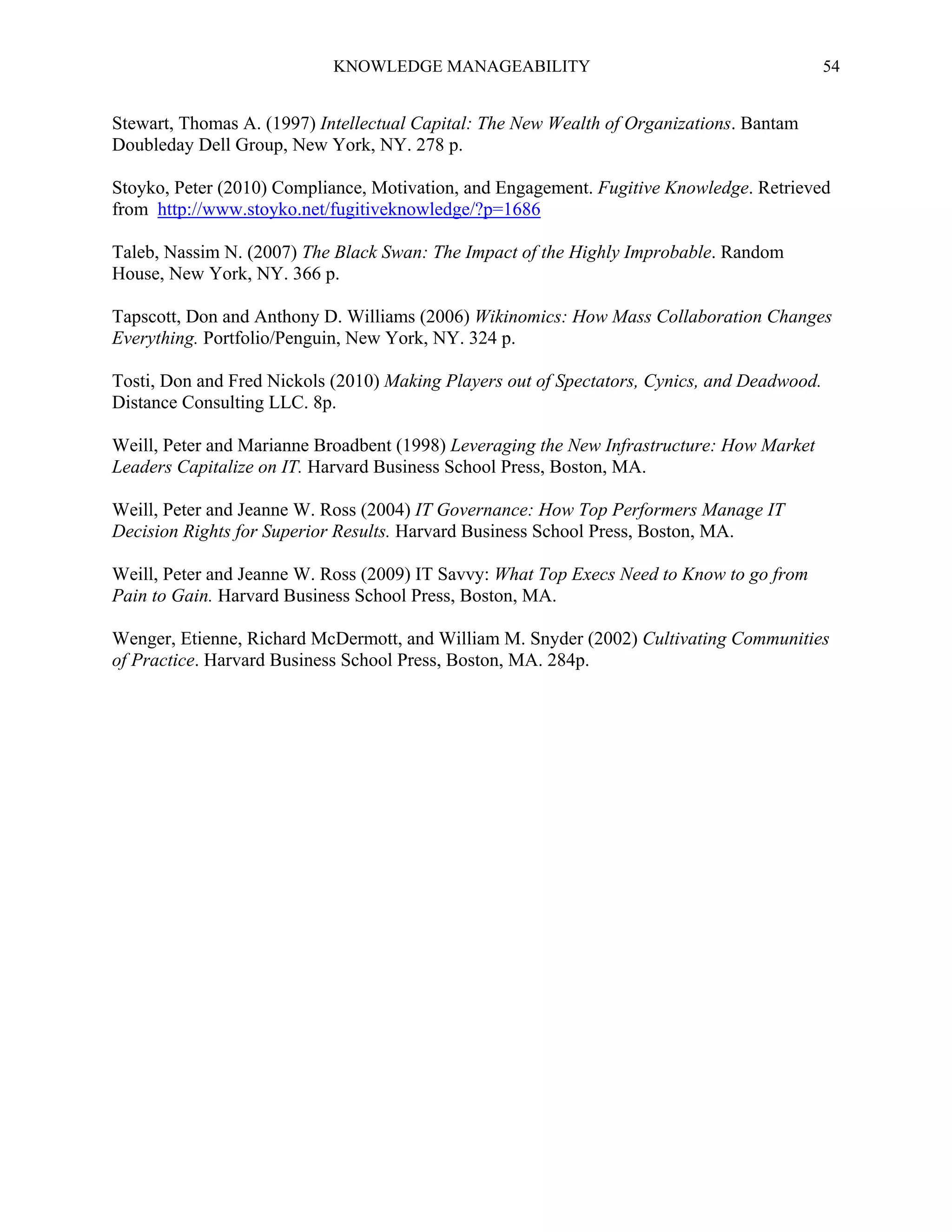 KNOWLEDGE MANAGEABILITY

54

Stewart, Thomas A. (1997) Intellectual Capital: The New Wealth of Organizations. Bantam
Doubleday Dell Group, New York, NY. 278 p.
Stoyko, Peter (2010) Compliance, Motivation, and Engagement. Fugitive Knowledge. Retrieved
from http://www.stoyko.net/fugitiveknowledge/?p=1686
Taleb, Nassim N. (2007) The Black Swan: The Impact of the Highly Improbable. Random
House, New York, NY. 366 p.
Tapscott, Don and Anthony D. Williams (2006) Wikinomics: How Mass Collaboration Changes
Everything. Portfolio/Penguin, New York, NY. 324 p.
Tosti, Don and Fred Nickols (2010) Making Players out of Spectators, Cynics, and Deadwood.
Distance Consulting LLC. 8p.
Weill, Peter and Marianne Broadbent (1998) Leveraging the New Infrastructure: How Market
Leaders Capitalize on IT. Harvard Business School Press, Boston, MA.
Weill, Peter and Jeanne W. Ross (2004) IT Governance: How Top Performers Manage IT
Decision Rights for Superior Results. Harvard Business School Press, Boston, MA.
Weill, Peter and Jeanne W. Ross (2009) IT Savvy: What Top Execs Need to Know to go from
Pain to Gain. Harvard Business School Press, Boston, MA.
Wenger, Etienne, Richard McDermott, and William M. Snyder (2002) Cultivating Communities
of Practice. Harvard Business School Press, Boston, MA. 284p.

 