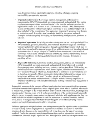 KNOWLEDGE MANAGEABILITY

31

used. Examples include reporting to superiors, allocating a budget, assigning
responsibility, or approving a project.


Organizational Structure: Knowledge creation, management, and use can be
predominantly (50%-90%) mandated, governed, structured, and evaluated. This regime
emphasizes an organizations ‘structural capital’ – the material and processes that the
organization ‘owns’ or is licensed to use (Edvinson and Malone, 1996). Management
focuses on the context within which explicit knowledge is used and knowledge work is
done on behalf of the organization. This region may be primarily governed by a domain
or profession which determines how knowledge should be interpreted and used.
Examples include designing, developing, or implementing work processes, products, or
services.



Negotiated Agreement: Knowledge creation, management, or use can be partially (10% 50%) mandated, governed, structured, and evaluated. Tacit knowledge and knowledge
work are collaborative; they are governed through negotiated agreements which may be
with either internal staff or external groups. Even within the context of formal or informal
agreements, there is always a degree of flexibility in the manner and extent to which
knowledge work is done. Examples include: undertaking science, implementing policies
that shape conditions for sharing, collaborating to jointly produce a document, or
providing advice.



Responsible Autonomy: Knowledge creation, management, and use can be minimally
(10%<) mandated, governed, structured, and evaluated. Knowledge work is guided
through engagement, including autonomy, mastery, and purpose (Pink, 2009) as they are
internalized to serve organizational needs. In this regime, individuals or communities
have autonomy to decide what to do. Responsibility is understood as accountability and
is, therefore, not anarchy. This is consistent with tacit knowledge and knowledge work
being innate within an individual. Therefore, people are self-governed through
responsible self-interest and voluntarism. Examples include: allowing employees to
determine what they do with part of their time and enabling self-motivated engagement in
creative work.

Responsible autonomy is the vaunted self-synchronization that is seen as arising from networkenabled or network-centric operations, where all participants know what is expected, what needs
to be achieved, their part in the overall structure and who react, without direction, to changes in a
situation as they become aware of it. It is also an embodiment of the just-in-time delivery model
whereby partner companies share production plans and schedules with suppliers so that they can
make available the needed components in time for production to continue unabated. In both
cases, trusted exchanges are established between the agents involved in delivering various
services and capabilities necessary to achieve objectives.
The most appropriate and predominant core management regime for a public-sector organization
is based on many factors ranging from an organization’s mandate and culture to particular
situations. It also depends on the nature of the work being done, and the type of knowledge
involved. Finally, the nature of organizational interactions, such as intervention, partnership,
collaboration, or advice plays a significant role. Although most public-sector organizations have

 