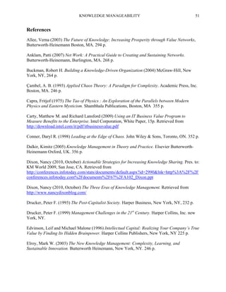 KNOWLEDGE MANAGEABILITY

51

References
Allee, Verna (2003) The Future of Knowledge: Increasing Prosperity through Value Networks,
Butterworth-Heinemann Boston, MA. 294 p.
Anklam, Patti (2007) Net Work: A Practical Guide to Creating and Sustaining Networks.
Butterworth-Heinemann, Burlington, MA. 268 p.
Buckman, Robert H. Building a Knowledge-Driven Organization (2004) McGraw-Hill, New
York, NY, 264 p.
Çambel, A. B. (1993) Applied Chaos Theory: A Paradigm for Complexity. Academic Press, Inc.
Boston, MA. 246 p.
Capra, Fritjof (1975) The Tao of Physics : An Exploration of the Parallels between Modern
Physics and Eastern Mysticism. Shambhala Publications, Boston, MA 355 p.
Carty, Matthew M. and Richard Lansford (2009) Using an IT Business Value Program to
Measure Benefits to the Enterprise. Intel Corporation, White Paper, 15p. Retrieved from
http://download.intel.com/it/pdf/itbusinessvalue.pdf
Conner, Daryl R. (1998) Leading at the Edge of Chaos. John Wiley & Sons, Toronto, ON. 352 p.
Dalkir, Kimitz (2005) Knowledge Management in Theory and Practice. Elsevier ButterworthHeinemann Oxford, UK. 356 p.
Dixon, Nancy (2010, October) Actionable Strategies for Increasing Knowledge Sharing. Pres. to:
KM World 2009, San Jose, CA. Retrieved from
http://conferences.infotoday.com/stats/documents/default.aspx?id=2990&lnk=http%3A%2F%2F
conferences.infotoday.com%2Fdocuments%2F67%2FA102_Dixon.ppt
Dixon, Nancy (2010, October) The Three Eras of Knowledge Management. Retrieved from
http://www.nancydixonblog.com/
Drucker, Peter F. (1993) The Post-Capitalist Society. Harper Business, New York, NY, 232 p.
Drucker, Peter F. (1999) Management Challenges in the 21st Century. Harper Collins, Inc. new
York, NY.
Edvinson, Leif and Michael Malone (1996) Intellectual Capital: Realizing Your Company’s True
Value by Finding Its Hidden Brainpower. Harper Collins Publishers, New York, NY 225 p.
Elroy, Mark W. (2003) The New Knowledge Management: Complexity, Learning, and
Sustainable Innovation. Butterworth Heinemann, New York, NY. 246 p.

 