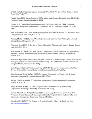 KNOWLEDGE MANAGEABILITY

53

O’Dell, Carla S. O’Dell and Jackson Grayson (1998) If Only We Knew What We Know. Free
Press, New York, NY.
Pigeau, R.A. (2004) An Application of KM in a Research Domain. Presented at the DRDC KM
Forum in Ottawa, Canada, January 28, 2004
Pigeau, R. A. (2004) The Human Dimensions of Cyberspace. Pres. to: DRDC Science &
Technology Symposium on Computers Everywhere and in Everything, Ottawa, ON, April 21,
2004.
Pink, Daniel H. (2009) Drive: The Surprising Truth about what Motivates Us. Riverhead Books
/ Penguin Group, New York, NY. 242 p.
Polanyi, Michel (1962) Personal Knowledge: Towards a Post-critical Philosophy. Univ. of
Chicago Press, Chicago, IL. 428 p.
Prigogine, Ilya (1984) Order Out of Chaos: Man’s New Dialogue with Nature. Bantam Books,
New York, NY. 349 p.
Ross, Jeanne W., Weill, Peter, and David C. Robertson C. (2006) Enterprise Architecture as a
Strategy: Creating a Foundation for Business Execution. Harvard Business School Press,
Boston, MA.
Rubenson, Kjell and Hans G. Schuetze (2000) Transition to the Knowledge Society: Policies and
Strategies for Individual Participation and Learning. Univ. of British Columbia, Institute for
European Studies, Vancouver BC. 463 p.
Saint-Onge, Hubert and Charles Armstrong (2004) The Conductive Organization: Building
Beyond Sustainability. Elsvier Butterworth Heinemann, Boston, MA, 249 p.
Saint-Onge and Debra Wallace (2003) Leveraging Communities of Practice for Strategic
Advantage. Butterworth-Heinman, Boston, MA. 370 p.
Savage, Charles M. (1996) 5th Generation Management. Elsvier Butterworth-Heinemann.
Boston, MA. 341 p.
Senge, Peter M., (1990) The Fifth Discipline: The Art and Practice of the Learning
Organization. Currency / Doubleday, New York, NY. 423 p.
Simard, Albert J. and Philippe Jourdeuil (2013) Knowledge Services: A Synthesis of Best
Practices. Defence Research & Development Canada, Corporate Services, Knowledge and
Information Management Directorate, Ottawa, ON. 226 p.
Snowden, David (2007) The Origins of Cynefin. Cognitive Edge, 17p. Retrieved from
www.cognitive-edge.com

 