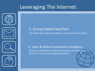 Leveraging The Internet 3. Strong Global Data Path. Our information will be available in any branch in the world. 4.  Open & Global Competitive Intelligence. Having a competitive is always welcome to rival with, gives the best of our work, and changing the prices. 