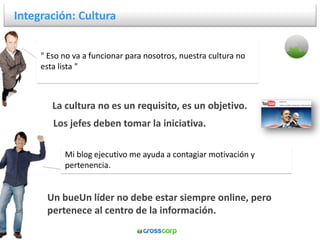 Integración: Cultura


     " Eso no va a funcionar para nosotros, nuestra cultura no
     esta lista "



        La cultura no es un requisito, es un objetivo.
        Los jefes deben tomar la iniciativa.

           Mi blog ejecutivo me ayuda a contagiar motivación y
           pertenencia.


      Un bueUn líder no debe estar siempre online, pero
      pertenece al centro de la información.
 