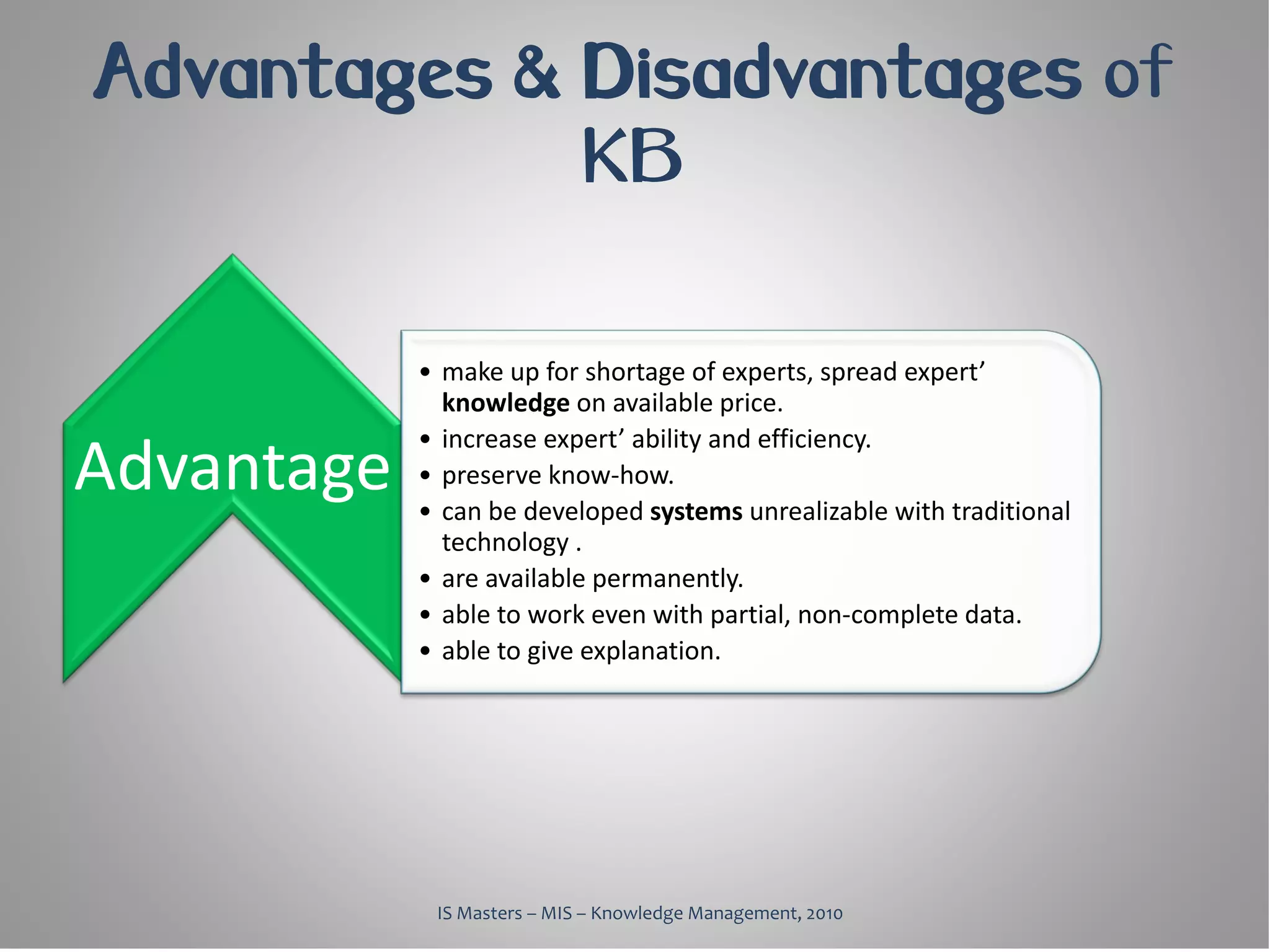 Advantages & Disadvantages of
             KB

            • make up for shortage of experts, spread expert’
              knowledge on available price.

Advantage
            • increase expert’ ability and efficiency.
            • preserve know-how.
            • can be developed systems unrealizable with traditional
              technology .
            • are available permanently.
            • able to work even with partial, non-complete data.
            • able to give explanation.




             IS Masters – MIS – Knowledge Management, 2010
 