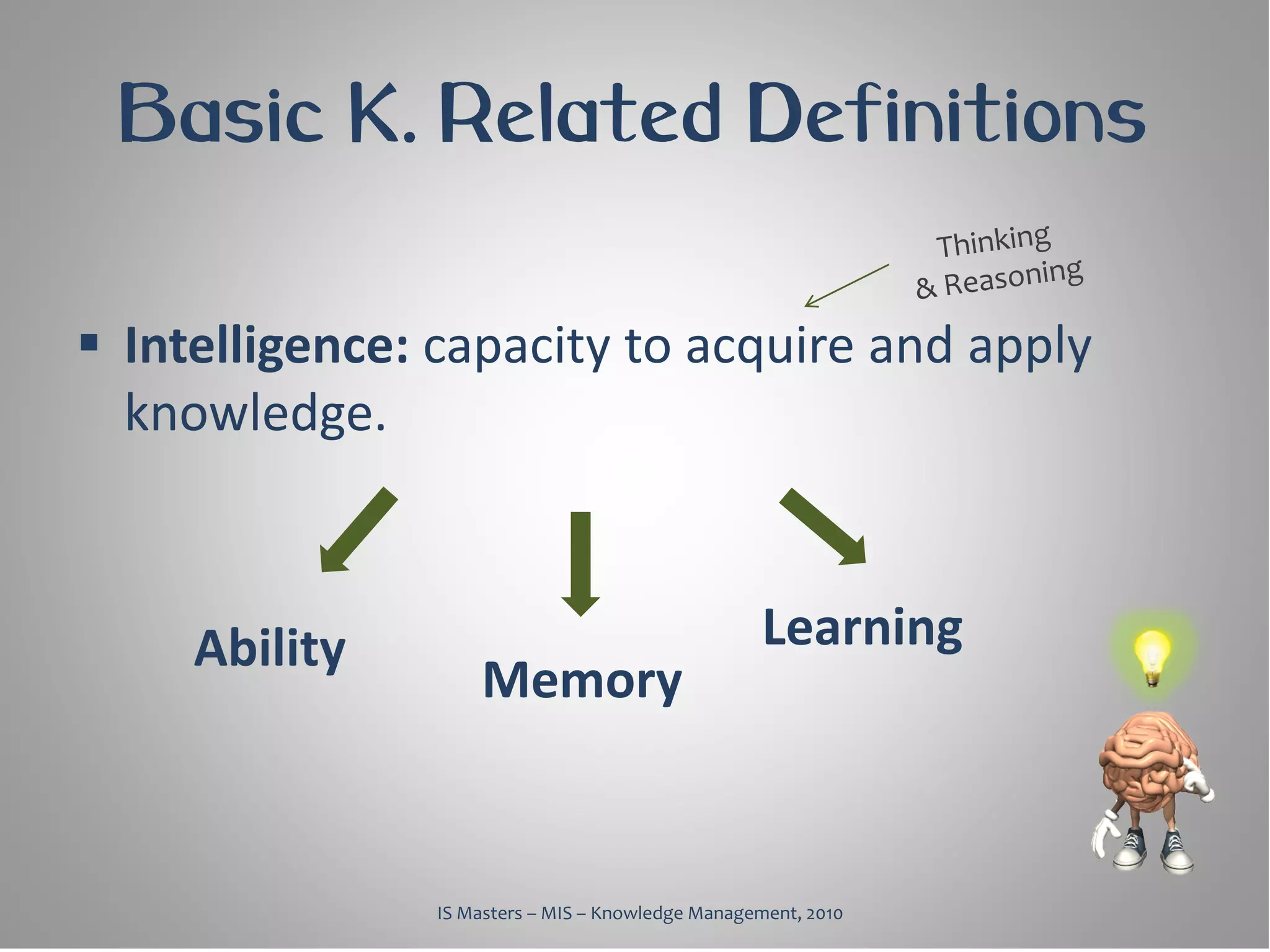 Basic K. Related Definitions

 Intelligence: capacity to acquire and apply
  knowledge.



     Ability                                      Learning
                   Memory


               IS Masters – MIS – Knowledge Management, 2010
 
