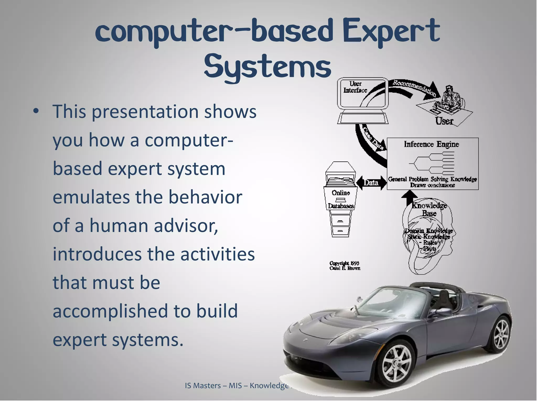 computer-based Expert
             Systems
• This presentation shows
  you how a computer-
  based expert system
  emulates the behavior
  of a human advisor,
  introduces the activities
  that must be
  accomplished to build
  expert systems.

                  IS Masters – MIS – Knowledge Management, 2010
 