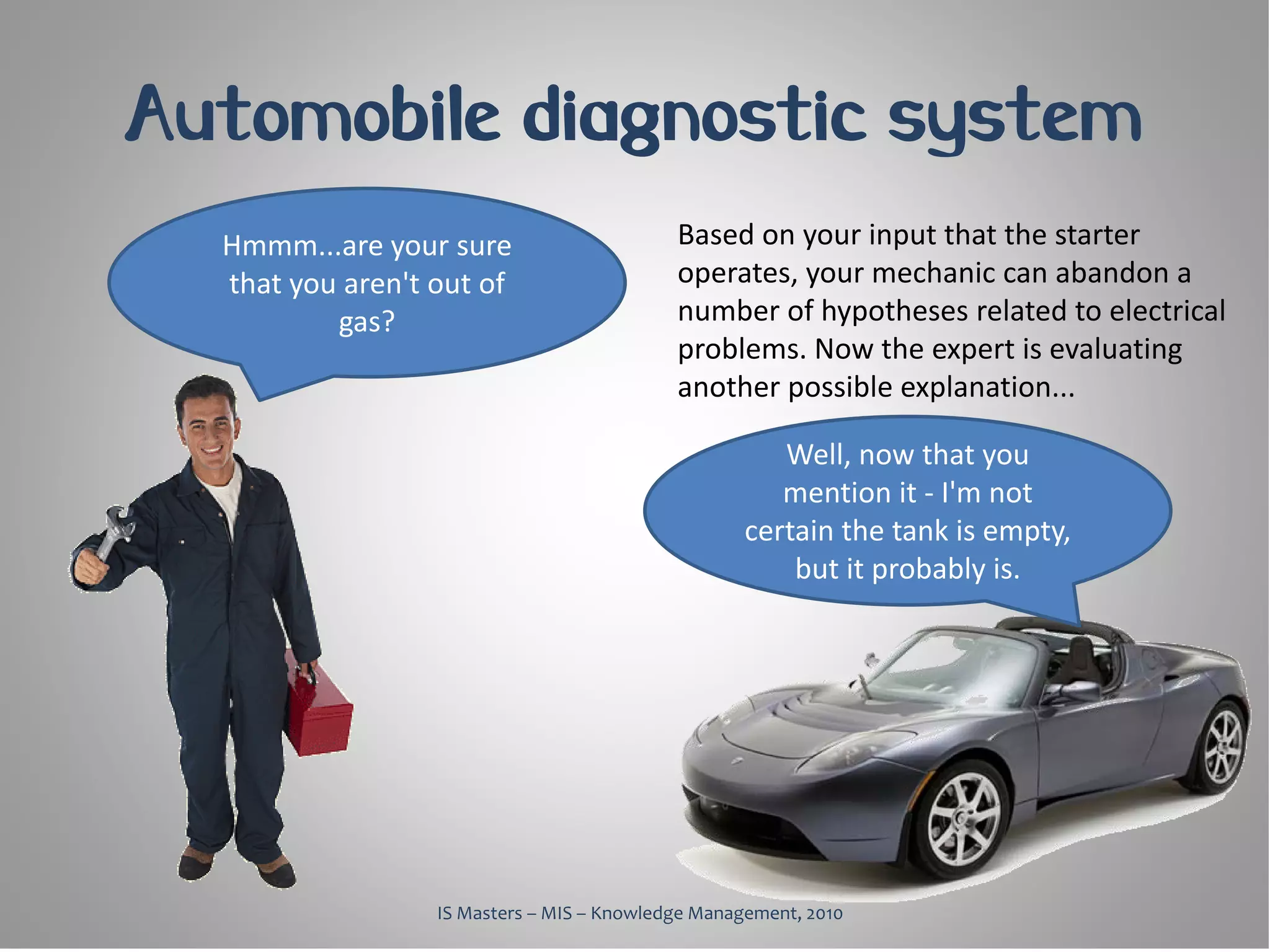 Automobile diagnostic system
  Hmmm...are your sure                      Based on your input that the starter
  that you aren't out of                    operates, your mechanic can abandon a
          gas?                              number of hypotheses related to electrical
                                            problems. Now the expert is evaluating
                                            another possible explanation...

                                                       Well, now that you
                                                       mention it - I'm not
                                                    certain the tank is empty,
                                                        but it probably is.




                  IS Masters – MIS – Knowledge Management, 2010
 