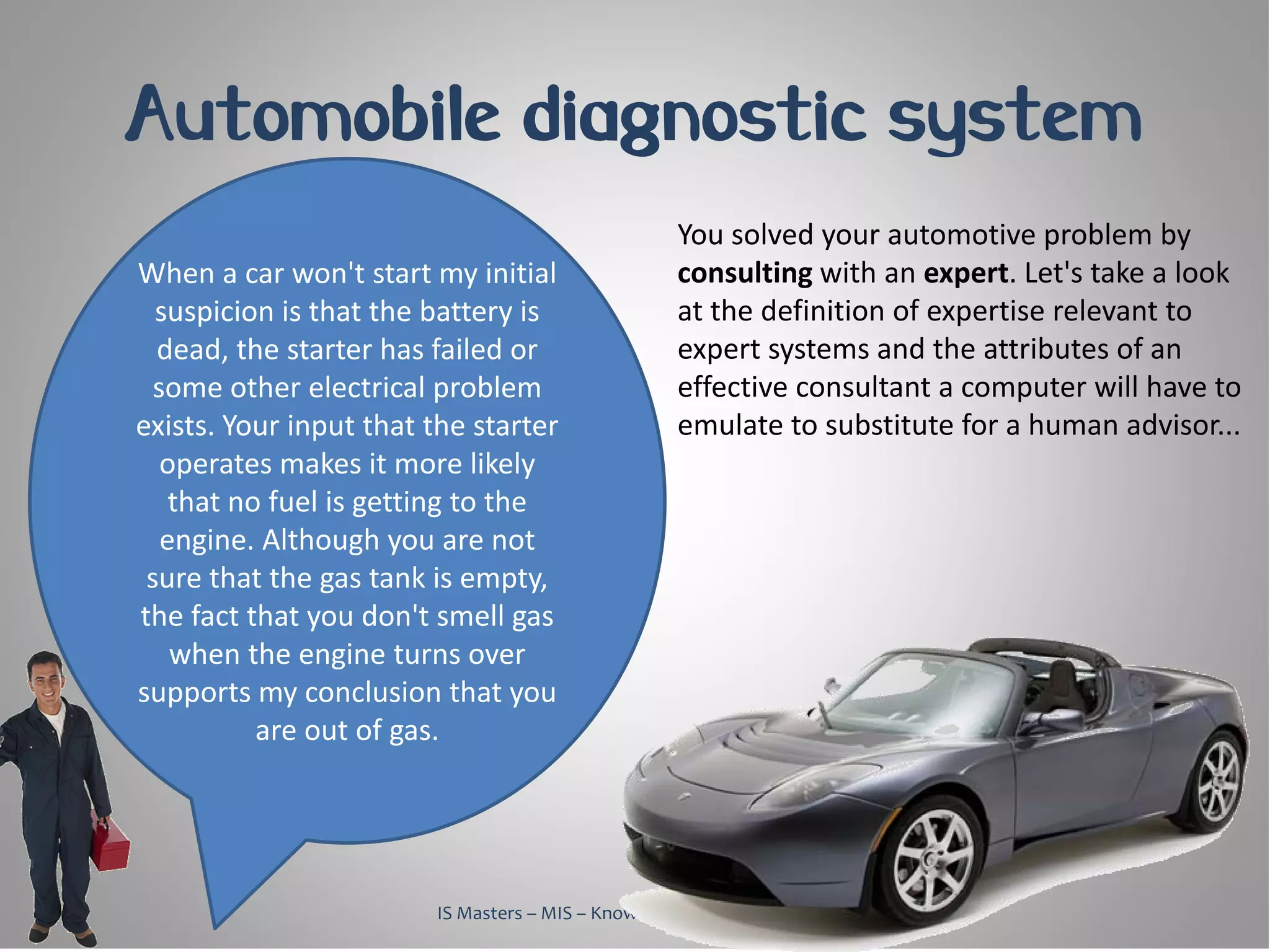 Automobile diagnostic system
                                                  You solved your automotive problem by
When a car won't start my initial                 consulting with an expert. Let's take a look
  suspicion is that the battery is                at the definition of expertise relevant to
  dead, the starter has failed or                 expert systems and the attributes of an
  some other electrical problem                   effective consultant a computer will have to
exists. Your input that the starter               emulate to substitute for a human advisor...
   operates makes it more likely
    that no fuel is getting to the
   engine. Although you are not
 sure that the gas tank is empty,
the fact that you don't smell gas
    when the engine turns over
supports my conclusion that you
           are out of gas.




                        IS Masters – MIS – Knowledge Management, 2010
 