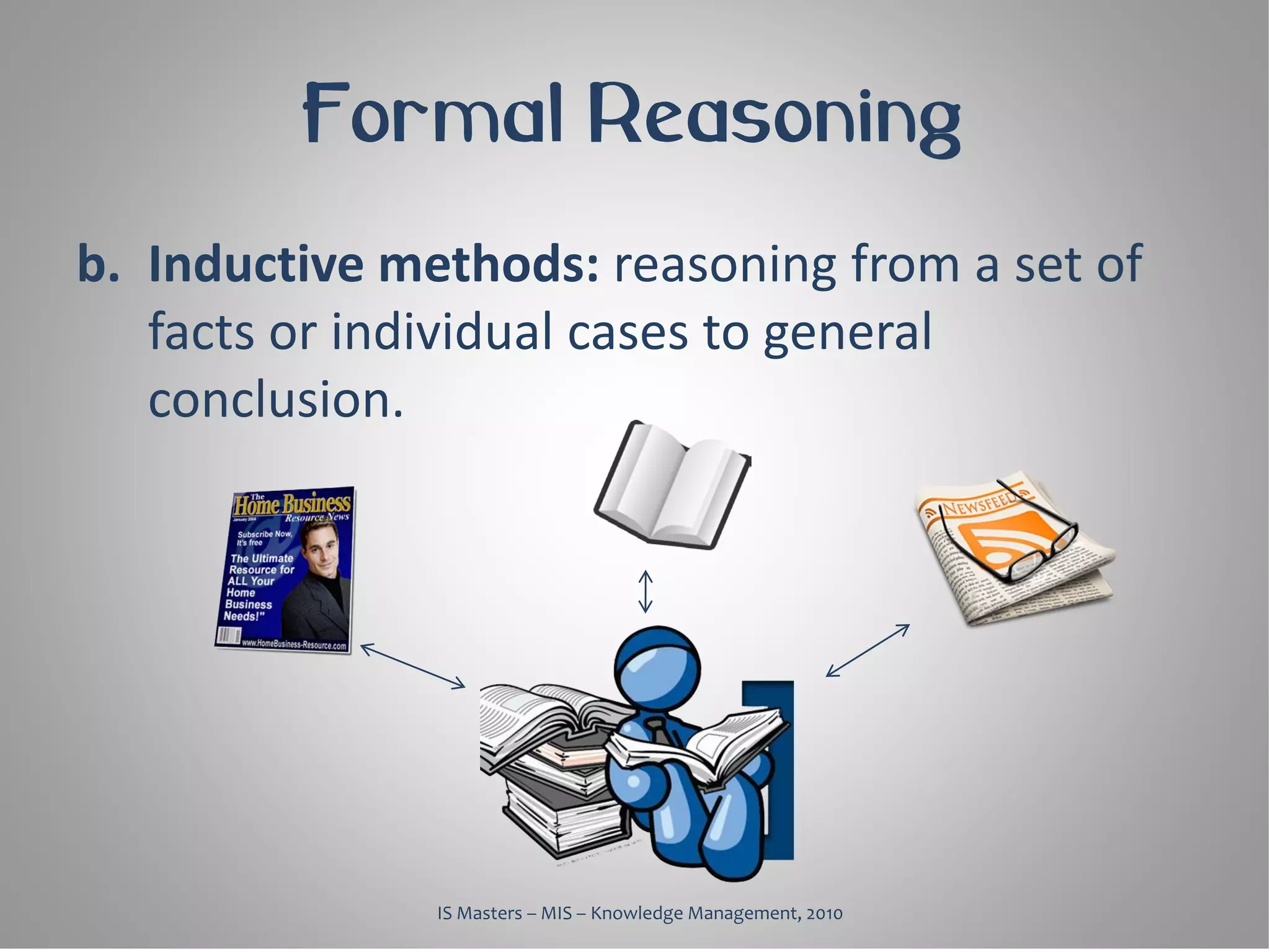 Formal Reasoning
b. Inductive methods: reasoning from a set of
   facts or individual cases to general
   conclusion.




               IS Masters – MIS – Knowledge Management, 2010
 