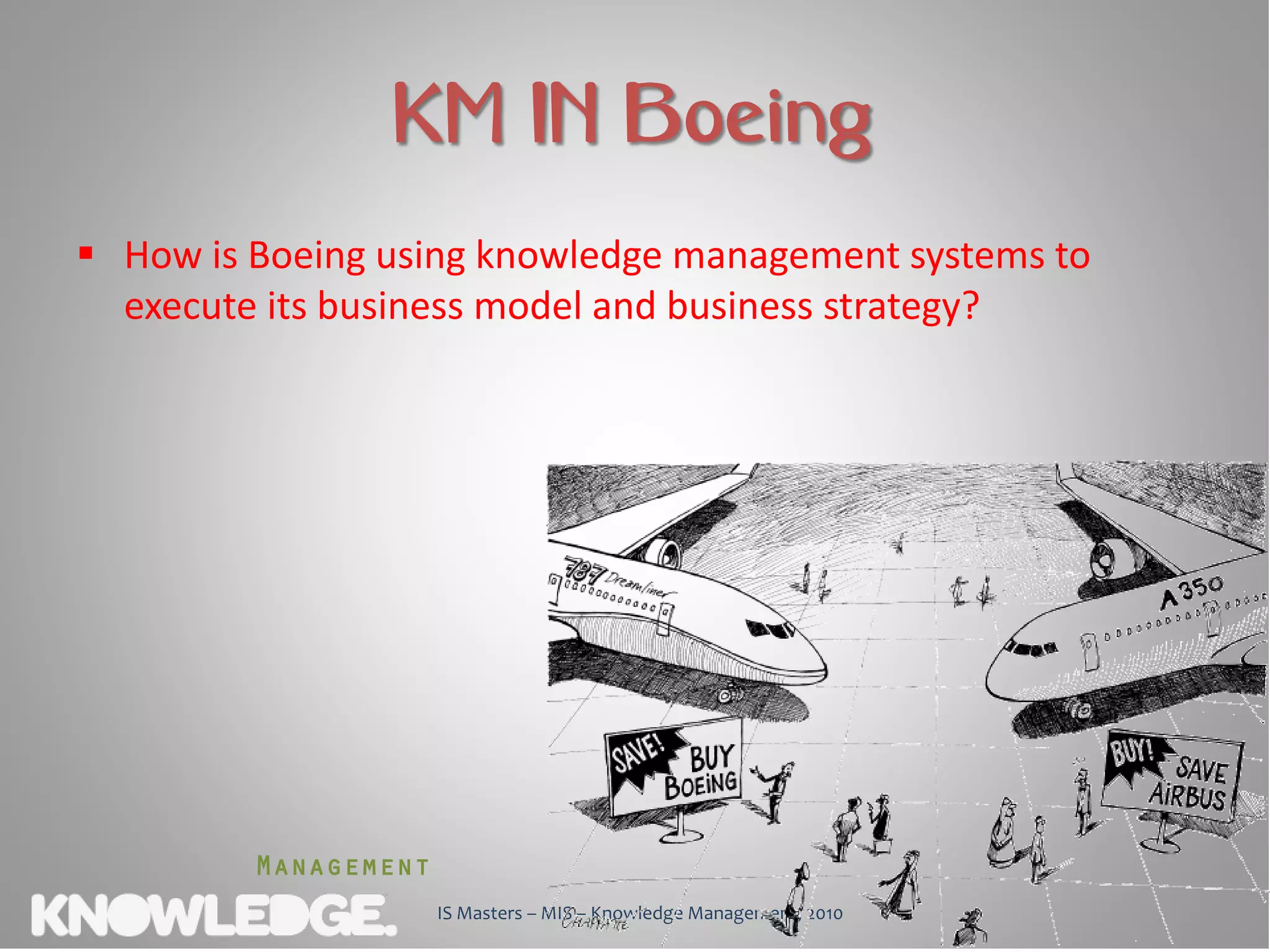 KM IN Boeing
 How is Boeing using knowledge management systems to
  execute its business model and business strategy?




         Management
                      IS Masters – MIS – Knowledge Management, 2010
 