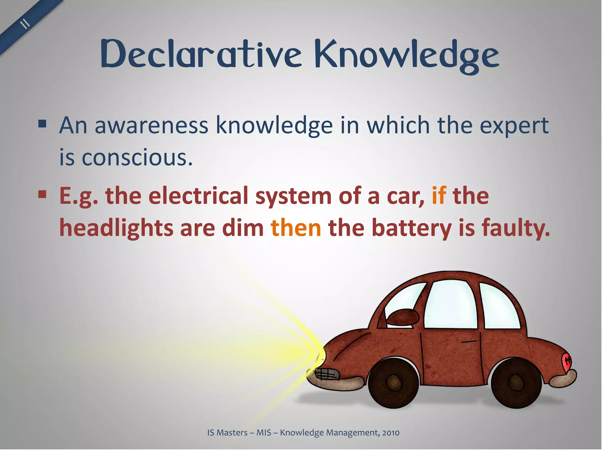 Declarative Knowledge
 An awareness knowledge in which the expert
  is conscious.
 E.g. the electrical system of a car, if the
  headlights are dim then the battery is faulty.




               IS Masters – MIS – Knowledge Management, 2010
 