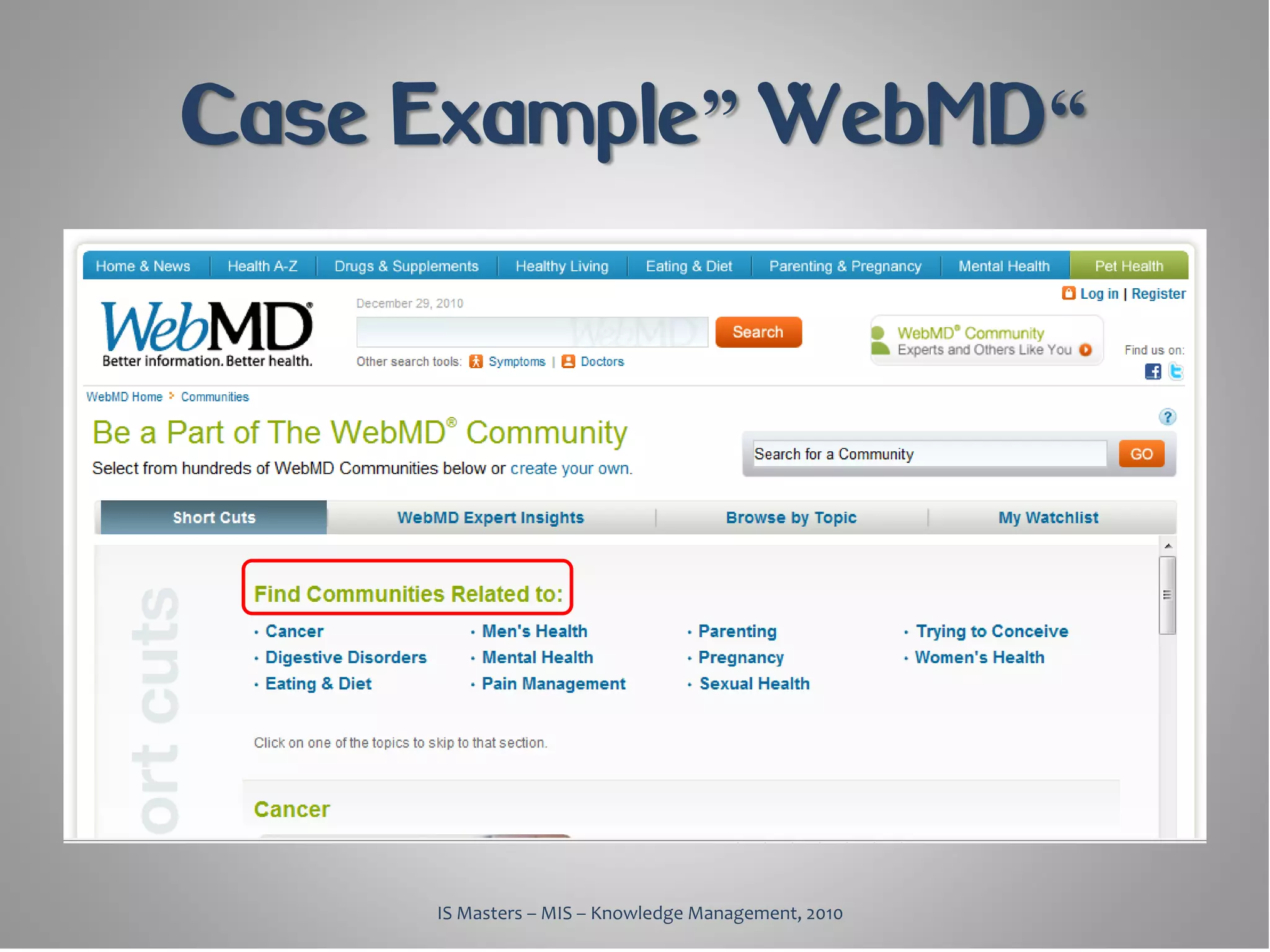 Case Example” WebMD“




     IS Masters – MIS – Knowledge Management, 2010
 
