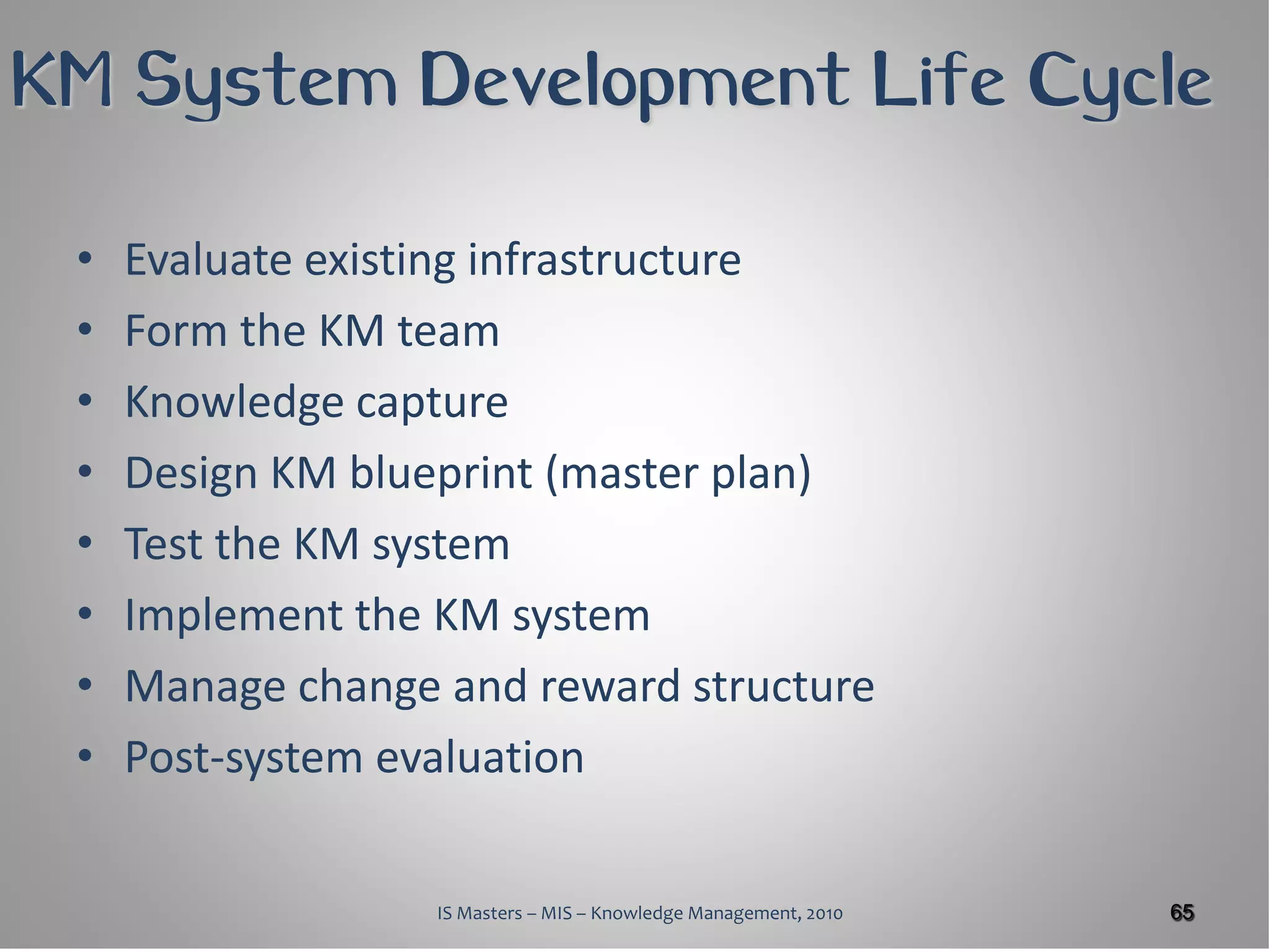 KM System Development Life Cycle

 •   Evaluate existing infrastructure
 •   Form the KM team
 •   Knowledge capture
 •   Design KM blueprint (master plan)
 •   Test the KM system
 •   Implement the KM system
 •   Manage change and reward structure
 •   Post-system evaluation

                   IS Masters – MIS – Knowledge Management, 2010   65
 