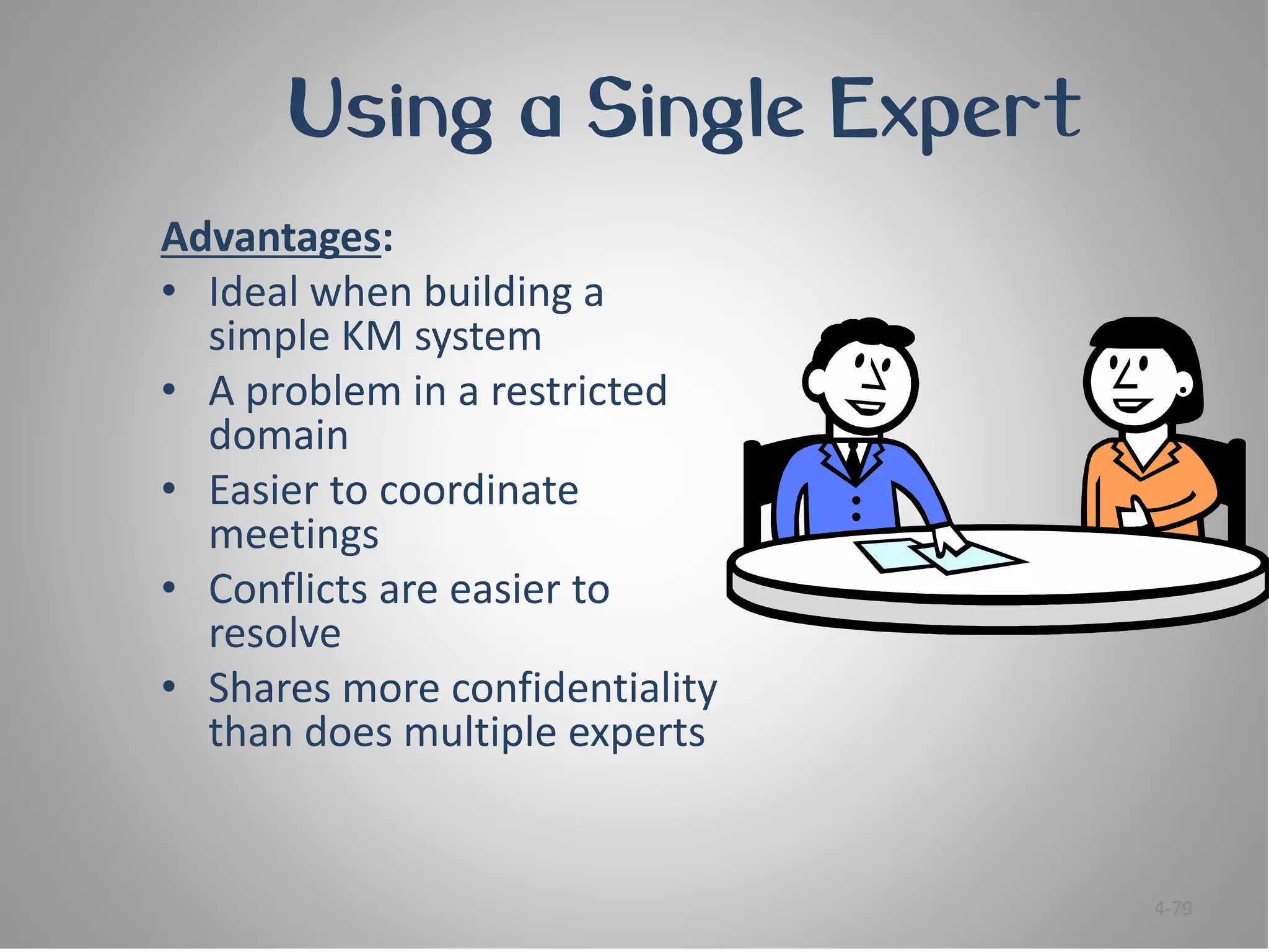 Using a Single Expert
Advantages:
• Ideal when building a
  simple KM system
• A problem in a restricted
  domain
• Easier to coordinate
  meetings
• Conflicts are easier to
  resolve
• Shares more confidentiality
  than does multiple experts


                                4-79
 