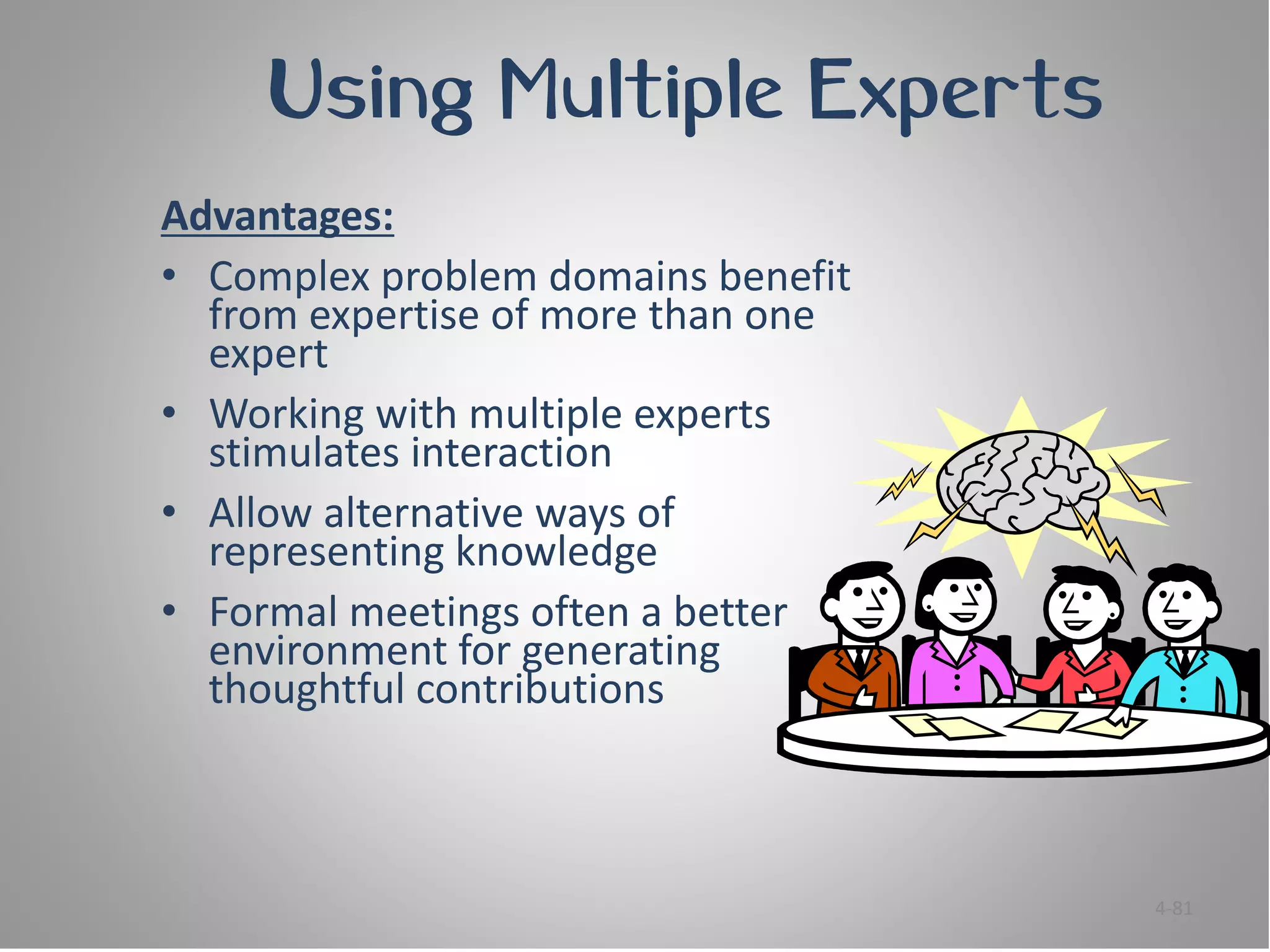 Using Multiple Experts
Advantages:
• Complex problem domains benefit
  from expertise of more than one
  expert
• Working with multiple experts
  stimulates interaction
• Allow alternative ways of
  representing knowledge
• Formal meetings often a better
  environment for generating
  thoughtful contributions



                                    4-81
 