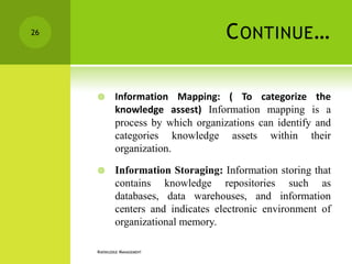 26                                   C ONTINUE …

            Information Mapping: ( To categorize the
             knowledge assest) Information mapping is a
             process by which organizations can identify and
             categories knowledge assets within their
             organization.

            Information Storaging: Information storing that
             contains knowledge repositories such as
             databases, data warehouses, and information
             centers and indicates electronic environment of
             organizational memory.

     KNOWLEDGE MANAGEMENT
 