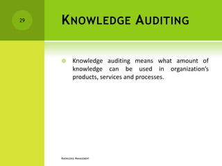 29   K NOWLEDGE A UDITING

            Knowledge auditing means what amount of
             knowledge can be used in organization’s
             products, services and processes.




     KNOWLEDGE MANAGEMENT
 