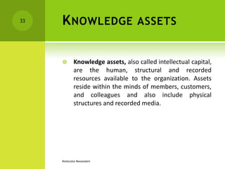 33   K NOWLEDGE                     ASSETS


            Knowledge assets, also called intellectual capital,
             are the human, structural and recorded
             resources available to the organization. Assets
             reside within the minds of members, customers,
             and colleagues and also include physical
             structures and recorded media.




     KNOWLEDGE MANAGEMENT
 