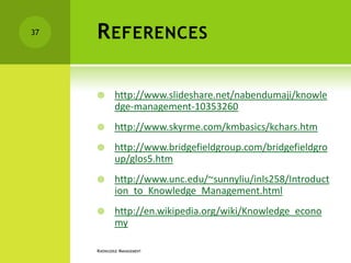 37   R EFERENCES

            http://www.slideshare.net/nabendumaji/knowle
             dge-management-10353260
            http://www.skyrme.com/kmbasics/kchars.htm
            http://www.bridgefieldgroup.com/bridgefieldgro
             up/glos5.htm
            http://www.unc.edu/~sunnyliu/inls258/Introduct
             ion_to_Knowledge_Management.html
            http://en.wikipedia.org/wiki/Knowledge_econo
             my

     KNOWLEDGE MANAGEMENT
 