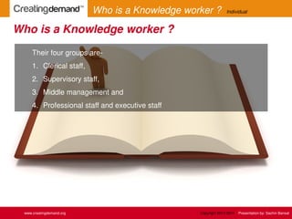 Their four groups are-
1. Clerical staff,
2. Supervisory staff,
3. Middle management and
4. Professional staff and executive staff
Who is a Knowledge worker ?
www.creatingdemand.org Copyright 2013-2014 Presentation by: Sachin Bansal
Who is a Knowledge worker ? Individual
 