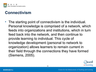 Connectivism
• The starting point of connectivism is the individual.
Personal knowledge is comprised of a network, which
f...