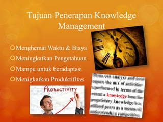 Tujuan Penerapan Knowledge
Management
Menghemat Waktu & Biaya
Meningkatkan Pengetahuan
Mampu untuk beradaptasi
Menigkatkan Produktifitas
 