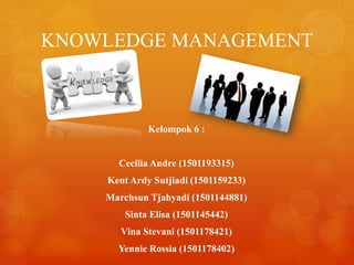 Kelompok 6 :
Cecilia Andre (1501193315)
Kent Ardy Sutjiadi (1501159233)
Marchsun Tjahyadi (1501144881)
Sinta Elisa (1501145442)
Vina Stevani (1501178421)
Yennie Rossia (1501178402)
KNOWLEDGE MANAGEMENT
 