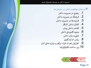 ده عامل موفقیت دانش در سازمان ها  
1. رهبري در مديريت دانش 
2. فرهنگ در مديريت دانش 
3. فرايندها در مديريت دانش 
4. كنترل دانش آشكار 
5. كشف دانش پنهان 
6. وجود كانونهاي دانش 
7. تقويت بازار دانش 
8. روش اندازه گيري 
9. افزايش تعداد افراد درگير و مهارت هاي آنان 
10 .زير ساخت تكنولوژيك 
3 2 1 
Page 11 
مدیریت دانش در توسعه محصول جدید 
 