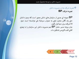 4 3 2 1 
Page 12 
مدیریت دانش در توسعه محصول جدید 
تجربه شرکت ها در مدیریت دانش  
BP تجربهشركت 
نمونه اي جدي از سازمان هاي دانش محور است كه بدون داشتن BP 
حتي يك گالن مخزن نفتي به عنوان سرماية ملي توانسته است جزو 
10 شركتبرتر دنيا قرار گيرد. 
تيم مديريت دانش اين سازمان را با رهبري BP جان برونه مدیر عامل 
آقاي کنتگرینستشكيل داد. 
 