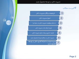 Page 2 
مدیریت دانش در توسعه محصول جدید 
1 تاریخچه و واژگان مدیریت دانش 
2 اصول مديريت دانش 
3 ده عامل موفقيت مديريت دانش در سازما نها 
4 تجربه شركت ها در مديريت دانش 
5 فرآيند اجرايي و پیاده سازی مديريت دانش 
6 مدیریت دانش در عملکرد توسعه محصول جدید 
مدیریت فرایند به اشتراک گذاری دانش در توسعه 
7 محصول جدید 
فهرست مطالب  
 